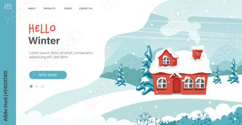 Winter in village holiday template. Winter landscape with cute house and trees, merry Christmas greeting card template. Vector illustration in flat style