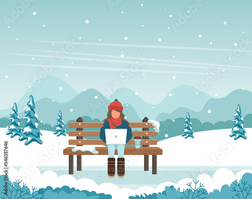 Happy girl sitting on a bench in the winter park with lap top and cup of coffee. Cartoon vector illustration for public garden, vacation concept.
