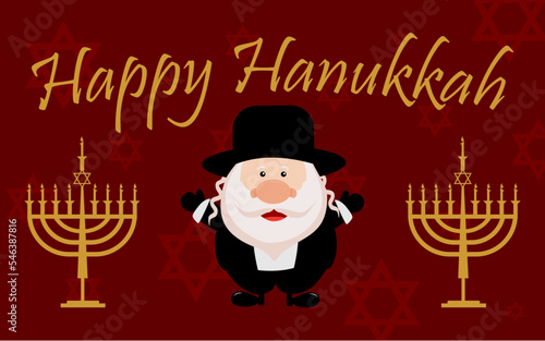 Red background or banner of hanukkah celebration with cartoon jewish traditional dress people
