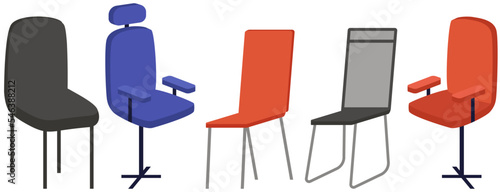 Set of chairs used at home interior. Office stool isolated on white. Comfortable element of house arrangement. Furniture for seating made of light plastic. Classic chair, home wooden furniture