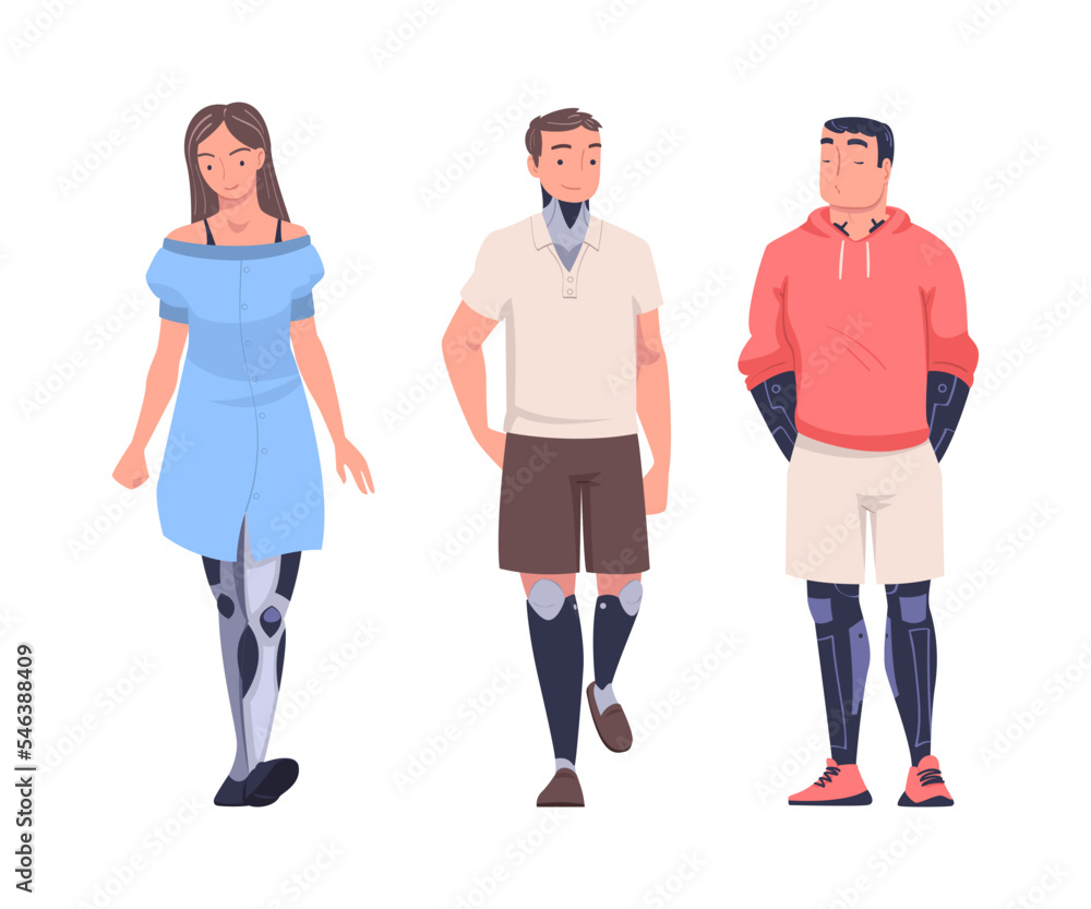 Happy Man and Woman Character with Replaced Robotic Body Part Prosthesis Restoring Normal Functioning Vector Set Happy Man and Woman Character with Replaced Robotic Body Part Prosthesis Restoring Normal Functioning Vector Set