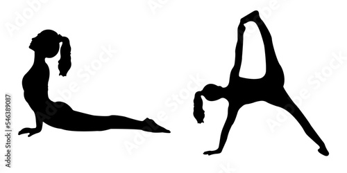 Slim sportive young woman doing yoga exercises. Interest sportswear. Vector silhouette illustration design isolated on white background for t-shirt graphics, icons, posters, print 
