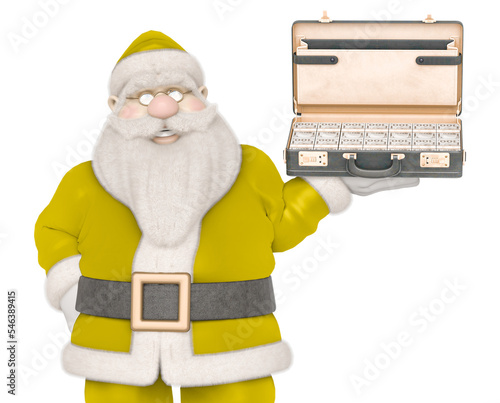 santa claus is smiling and holding a money brifcase photo