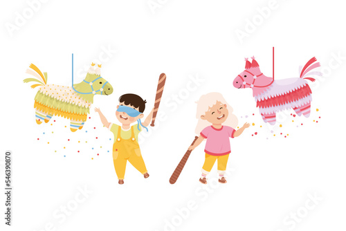 Funny Boy and Girl Striking and Hitting Pinata Hanging on String with Stick Vector Set