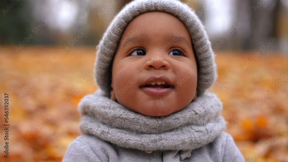 Headshot of curios cheerful African American little boy with toothy smile looking up sitting in yellow autumn park on meadow. Close-up portrait of happy excited child enjoying overcast day outdoors Headshot of curios cheerful African American little boy with toothy smile looking up sitting in yellow autumn park on meadow. Close-up portrait of happy excited child enjoying overcast day outdoors
