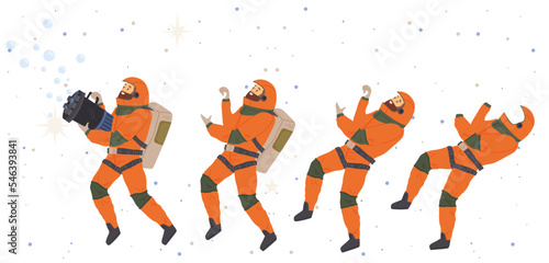 Astronaut, spaceman shoots bubble gun. Man dressed as space defender at costume party. Outfit for holiday in cosmic style. Guy wearing armor with blaster in hands. Person in costume of space explorer