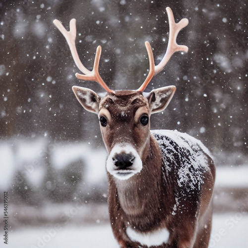 Close Up of a Reindeer in the Snow Portrait  photo