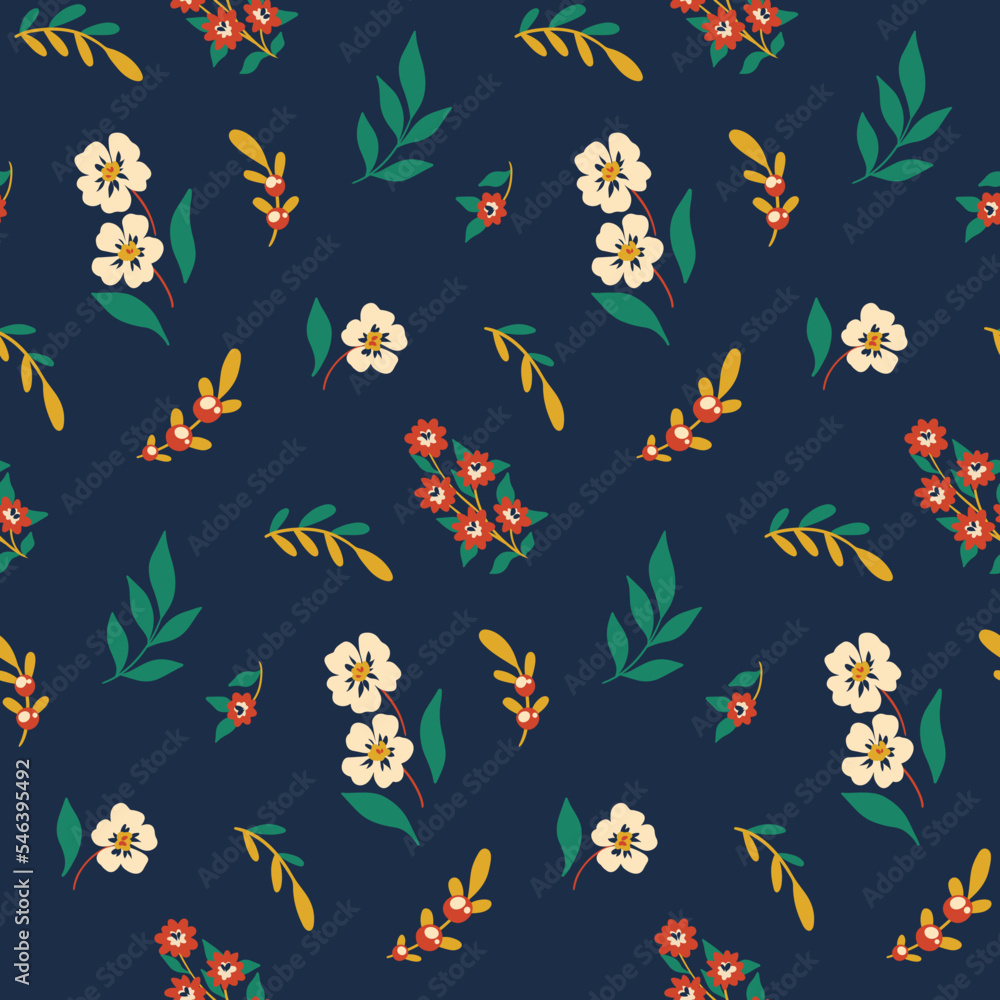 Seamless floral pattern with folk motif, abstract arrangement of decorative art plants on a dark blue background. Cute flower print with small flowers, berries, twigs, leaves. Vector illustration.