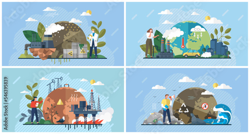 Pollution awareness environmental concept compositions set with hazardous radioactive industrial housekeeping refuse, contamination. Excess household and industrial waste leads to ecological disaster