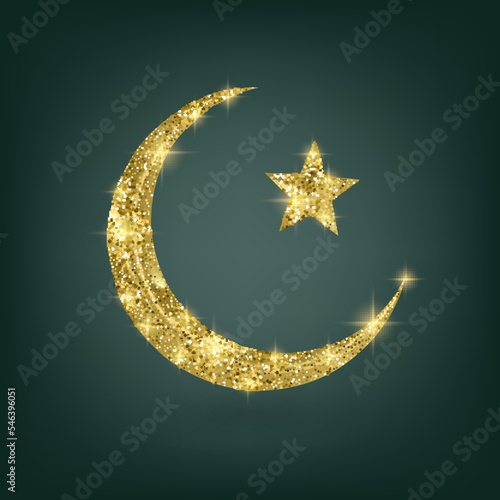 Golden muslim month with glittering texture on Green background, vector illustration