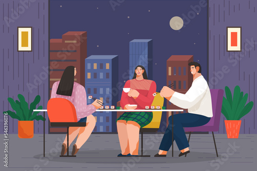 Happy friends at home party. Apartment or living room people having fun, talking, eating and drinking. Young cute men and women spending time together at night in restaurant at meeting or party