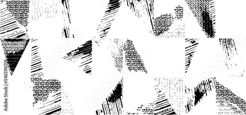 Monochrome texture composed of irregular graphic elements. Distressed uneven grunge background. Abstract vector illustration. Overlay for interesting effect and depth. Isolated on white background.