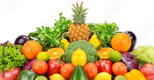 Vegetables and fruits isolated on a white background. Wide photo.