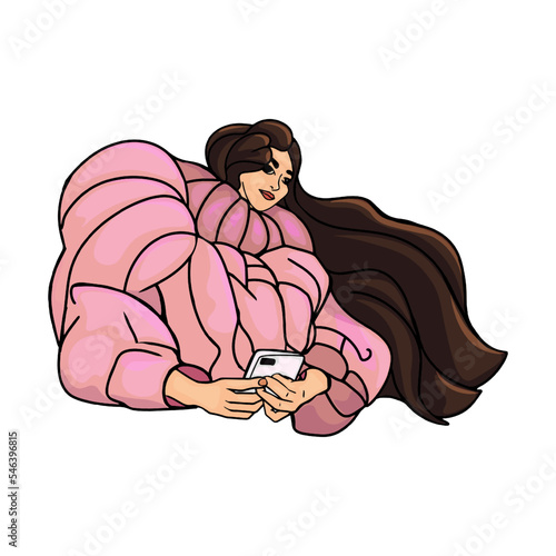 Woman with mobile phone, using social media and chatting online. Person with smartphone, surfing internet and texting, relaxing at home. Flat vector illustration isolated on white background