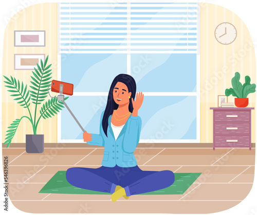 Podcaster woman character in office room interior. Girl listening audio podcast and speaking at live streaming use smartphone and laptop on her vlog. Podcaster making, blogger, technology concept