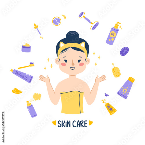 A woman takes care of her skin. Round frame made of cosmetics. Cute vector illustration isolated on white background
