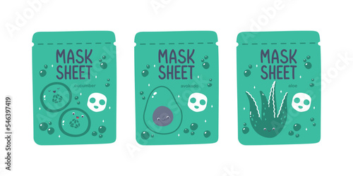 Cute vector face mask sheet packaging design with cucumber, avocado, aloe vera