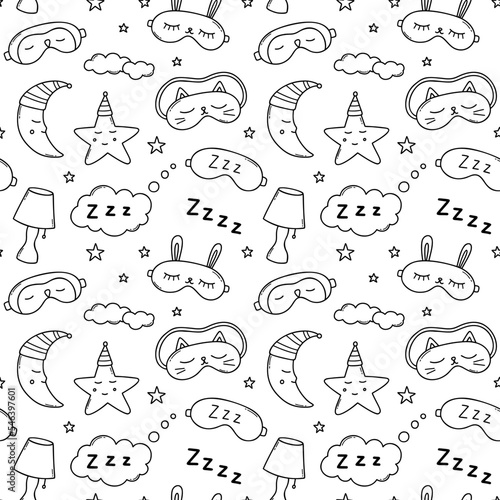 Seamless pattern of sleep doodle. Good night symbols in sketch style. Hand drawn vector illustration isolated on white background