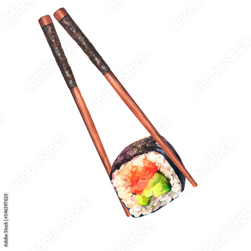 Isolated sushi roll with chopsticks, eating sushi watercolor illustration isolated.