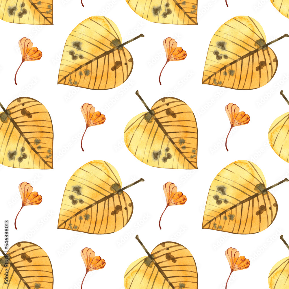 Obraz premium Seamless pattern and autumn leaves on a white background. Autumn leaves of yellow flowers, hand-painted in watercolor on a white background. Suitable for decoration, design, printing on fabric.