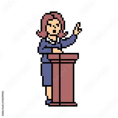 Female politician speaking standing at wooden debate podium, pixel art character isolated on white background. Retro 8 bit slot machine, video game graphics. Agitating election campaign speaker.