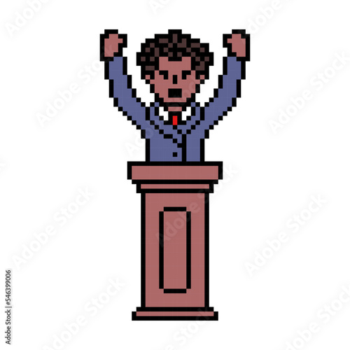 Black male politician screaming standing at wooden debate podium, pixel art character isolated on white background. Retro 8 bit slot machine, video game graphics. Agitating election campaign speaker.