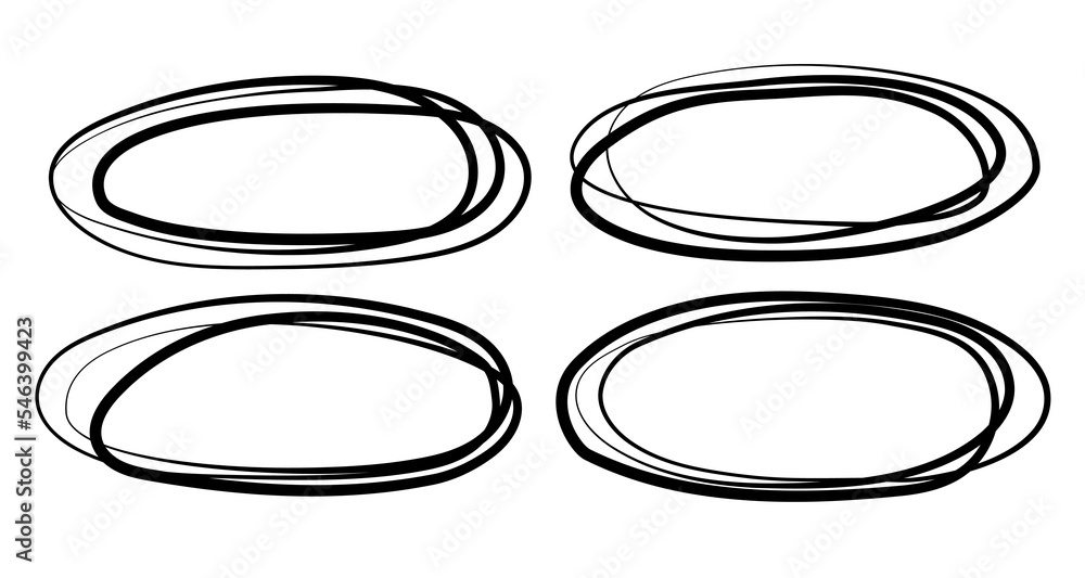 Vector set of oval frames, isolated on white background. Line art, freehand style. Vector set of oval frames, isolated on white background. Line art, freehand style.