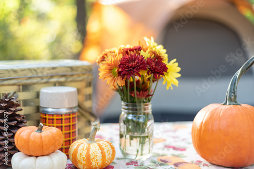 Flowers and vintage picnic items on a table at a campsite in autumn