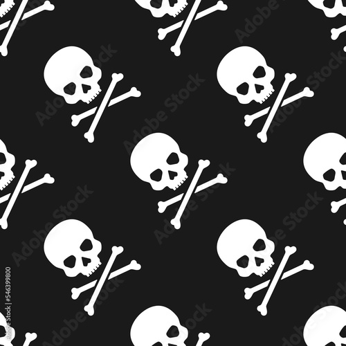 White skulls and crossed bones on black background. Vector seamless pattern. Best for textile, print, wrapping paper, package and decoration.