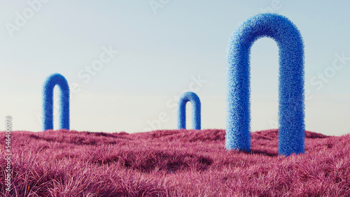 Slika na platnu Surreal landscape with soft blue vibrant arcs sculptures among violet pink red field of grass
