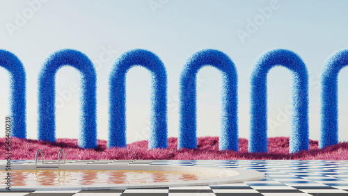 Surreal landscape with soft blue vibrant arcs sculptures among violet pink red field of grass. 3d rendering. Retro futurism surrealism
