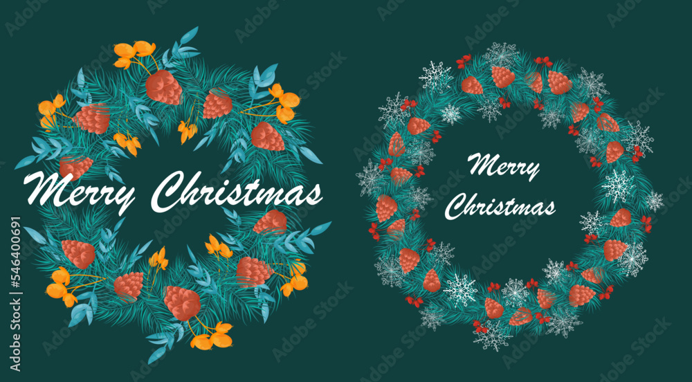 Wreath garland with the inscription Merry Christmas. Green pine, fir branches, berries, beautiful silhouettes of snowflakes, cones. Greeting banner, postcard, poster, new year 2023. winter botanical Wreath garland with the inscription Merry Christmas. Green pine, fir branches, berries, beautiful silhouettes of snowflakes, cones. Greeting banner, postcard, poster, new year 2023. winter botanical