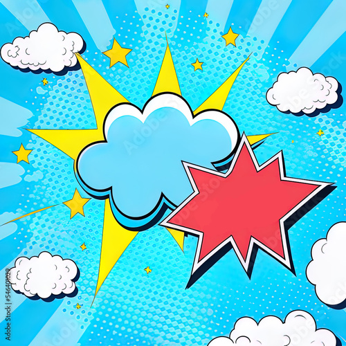 Pop art comic background with cloud and star. Cartoon 2r illustrated Illustration on blue