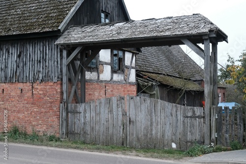 Half-timbered buildings in Krzemienica on Polish central Pomerania, near Slupsk, Poland. Krzemienica is a village known for its half-timbered buildings (Prussian wall)