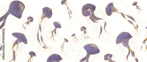 Abstract luxury art background with hand drawn jellyfish with gold line art elements. Animal banner with sea animals for decoration, print, wallpaper, interior design, textile.