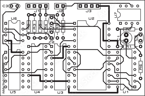 Tracing the conductors of a printed circuit board.
Vector drawing a1 of printed tracks, transition holes,
contact pads and copper metallization areas.
Silkscreen printing, assembly drawing.