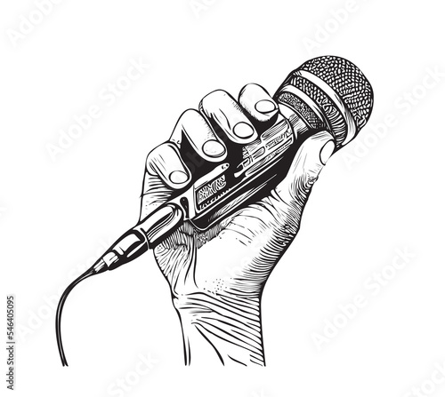 Man's hand holding a microphone, hand drawn sketch, engraving style.