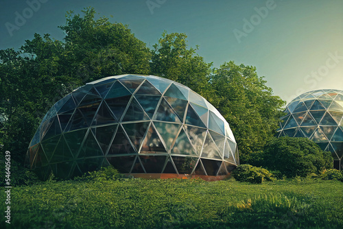 Concept art, futuristic domed glass greenhouse or eco-house in nature, 2d illustration, 2d art photo