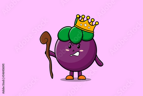 Valokuva Cute cartoon Mangosteen mascot as wise king with golden crown and wooden stick i