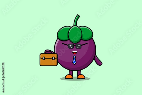 Cute cartoon Mangosteen businessman character holding suitcase illustration