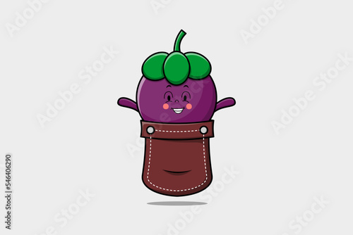 Cute cartoon Mangosteen character coming out from pocket look so happy  