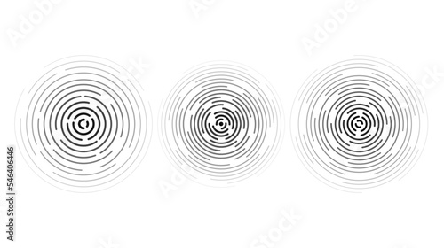 Concentric ripple circles set. Sonar or sound wave rings collection. Epicentre, target, radar icon concept. Radial signal or vibration elements.