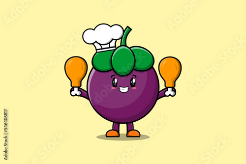 Cute cartoon Mangosteen chef character holding two chicken thighs in flat cartoon style illustration