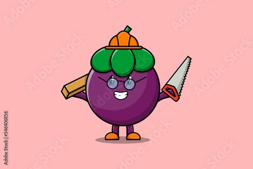 Cute cartoon Mangosteen as carpenter character with saw and wood in flat modern style design