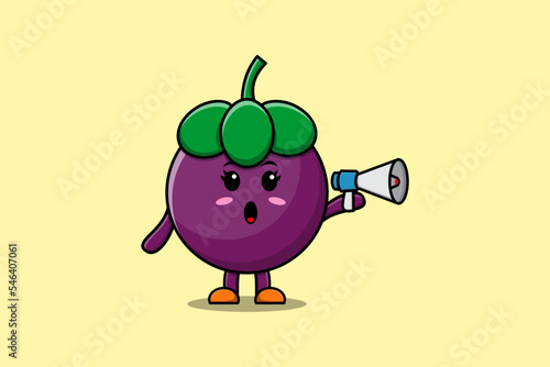 Cute Cartoon Mangosteen character speak with megaphone in 3d cartoon style concept