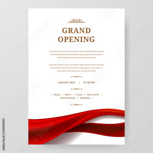 Grand Opening poster celebration with red fabric satin silk ribbon element decoration for luxury elegant vip royal
