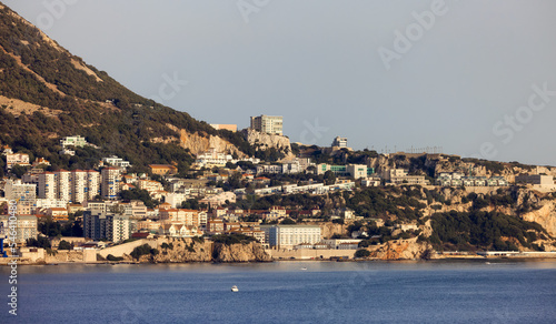 City Buildings, Port and Mountain by the Sea. Sunny Sky. Gibraltar, United Kingdom.