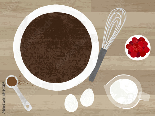 A delicious recipe in the making, a collection of baking items. In a cut paper style with textures

