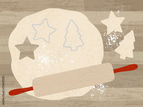 Cookie dough rolled out with cookie cutters and a rolling pin. In a cut paper style with textures
