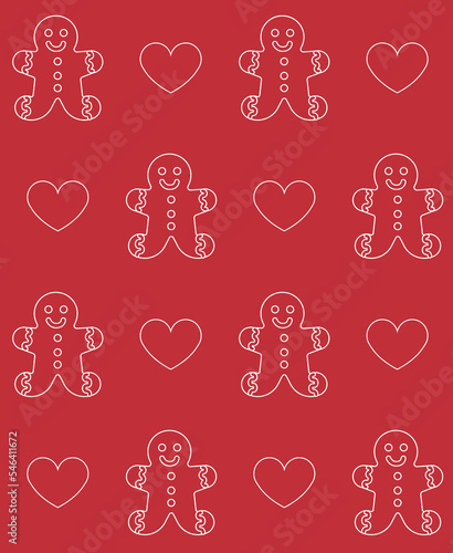 Vector seamless pattern of hand drawn Christmas ginger bread cookies isolated on red background